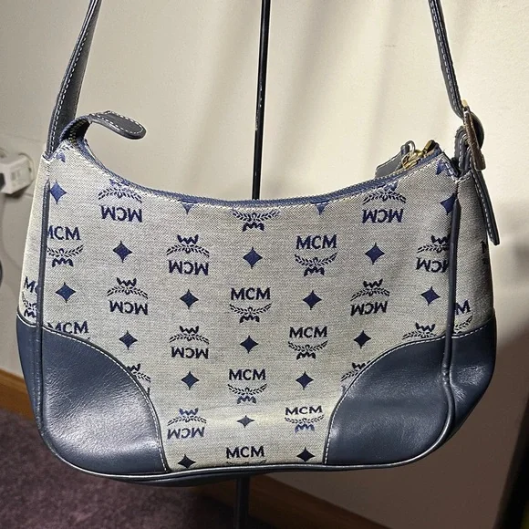 MCM Navy and Gray Monogram Shoulder Bag Leather & Denim w Dust Bag - Picture 4 of 8